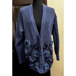 Floral Applique Open-Knit Cardigan - Oversized Medium